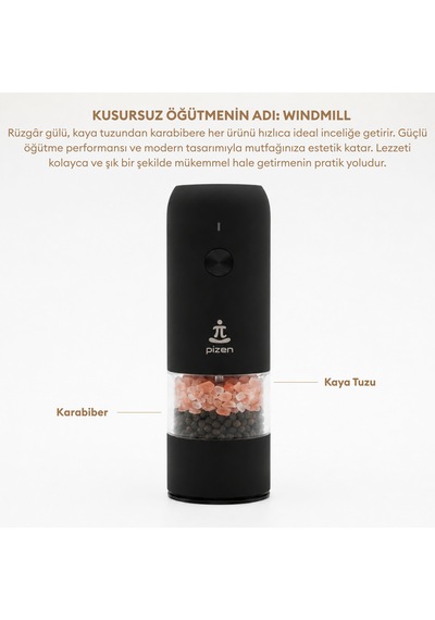 Pizen Windmill Usb Şarjlı Otomatik Baharat Öğütücü Led Işıklı Ayarlanabilir Tuz Karabiber Değirmeni Siyah
