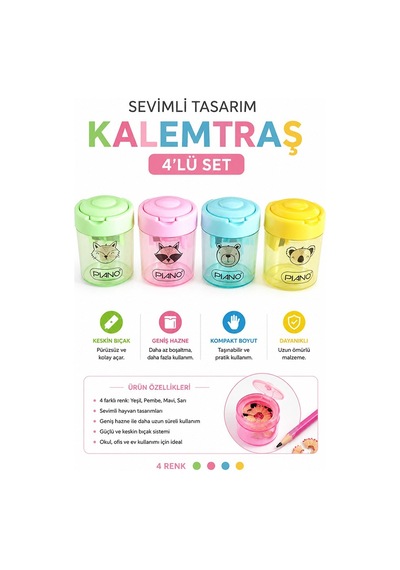 Hayvan Resimli Yuvarlak Kalemtraş 4 Adet Piano 555836 Hazneli Çift Bıçaklı Kalem Açacağı Plastik Kalemtıraş Kalem Traş Okul