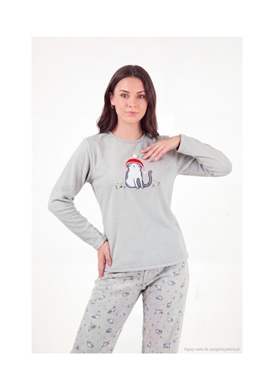 Lela Desenli Yumuşak Dokulu Kışlık Polar Pijama Takımı Kadın Pijama Takımı 6575031 Gri