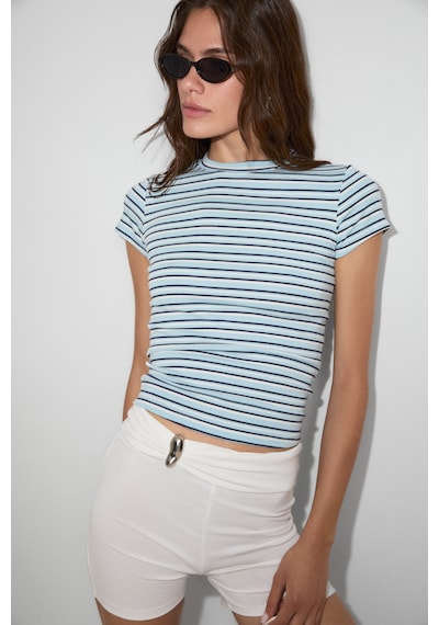 Grımelange Hopewell Kadın Yuvarlak Yaka Örme Slim Fit Mavi Çizgili T-shirt