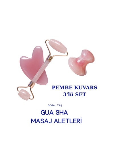 Pembe Kuvars Kalp- Ve-roller 3'lü Set Masaj Taşı Doğal Yüz Şekillendirici & Cilt Canlandırıcı 3'lü