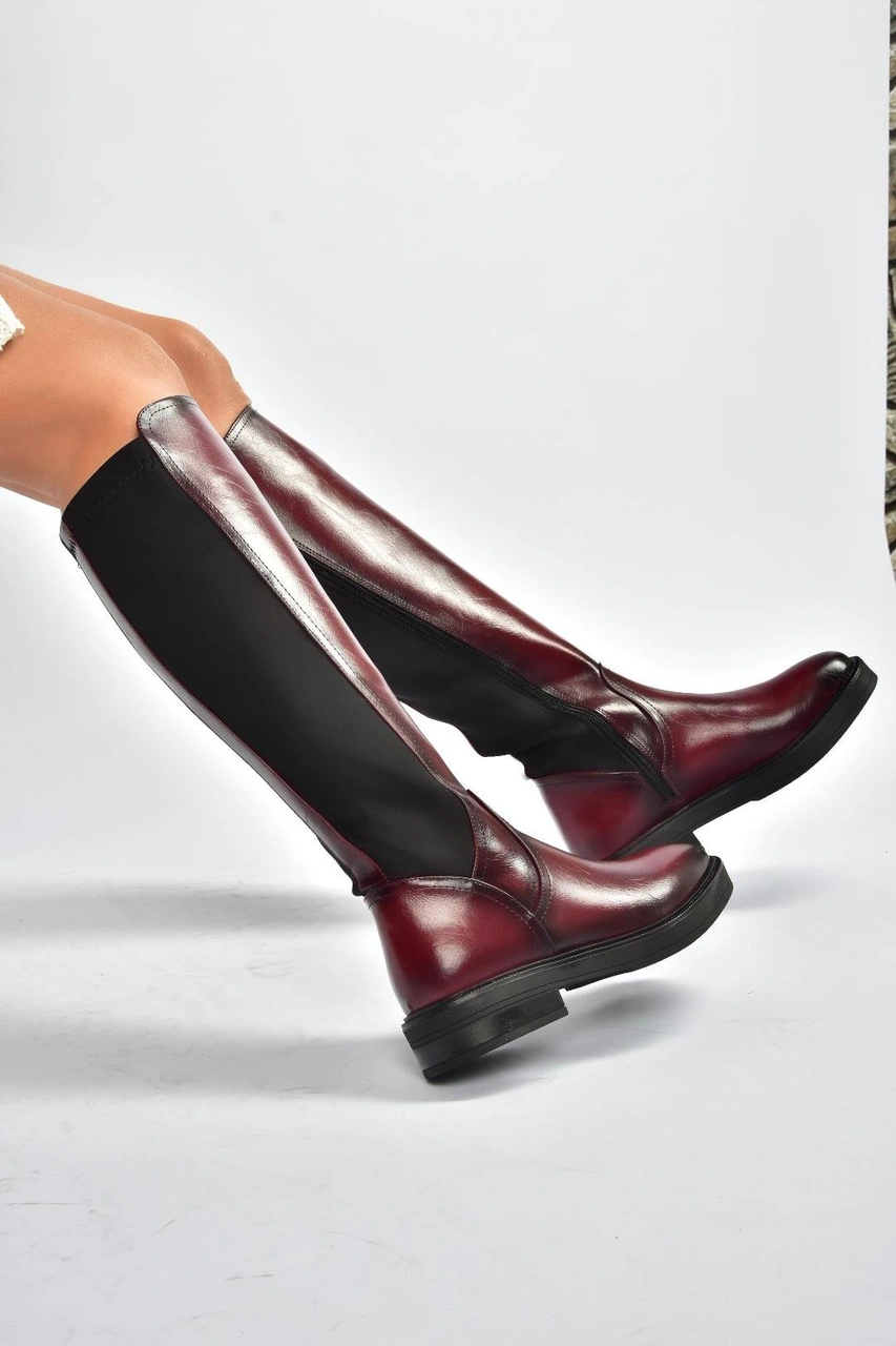 Fox Shoes V312212360 Bordo Rustik Arkası Lastik Detaylı Kadın Çizme Bordo-rustik