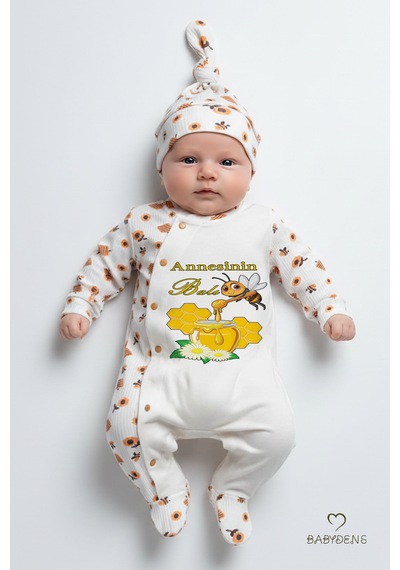 Babyden's Annesinin Balı Yazılı Yenidoğan Bebek Tulumu Şapka Seti Arı Desenli Unisex Çıtçıtlı Bebek Tulum Ekru - Çok Renkli