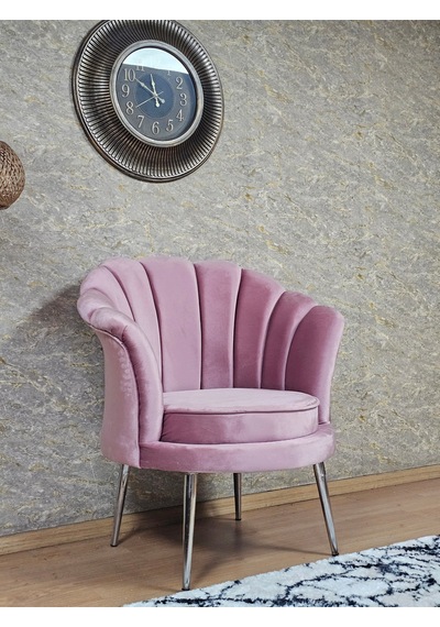 Zafir Tekli İstiridye Krom Kaplama Sivriltme Ayak Çay Seti Koltuk Tekli Berjer , Balkon, Salon, Ofis Pembe