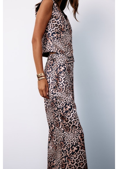 Sateen Leopar Desenli Saten Pantolon - Vizon-135184 Vizon