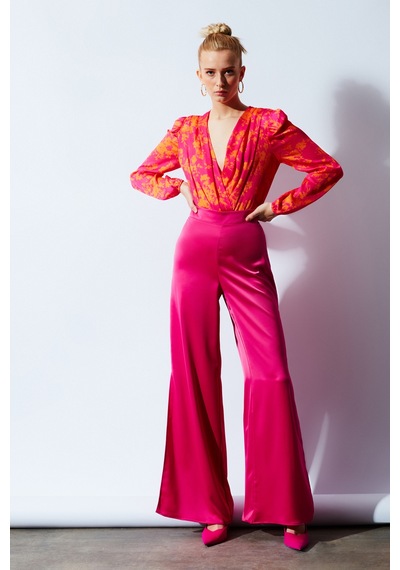 Sateen Yırtmaç Detaylı Saten Pantolon - Fuşya