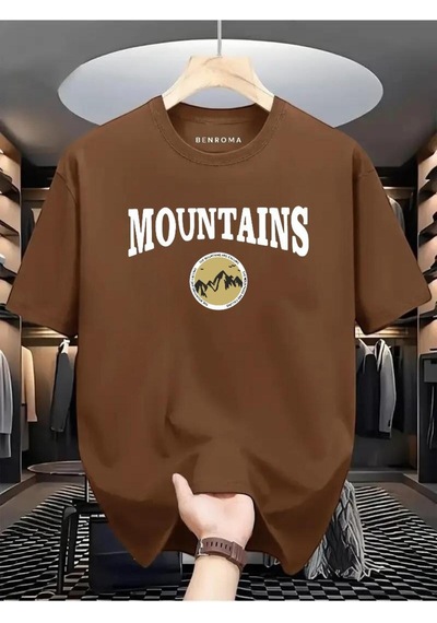 Mountaıns Baskılı Oversize Tişört Kahverengi