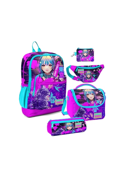 Coral High Kız Çocuk Mor Pembe Anime Kedi Desenli Beşli İlkokul Okul Çanta Seti