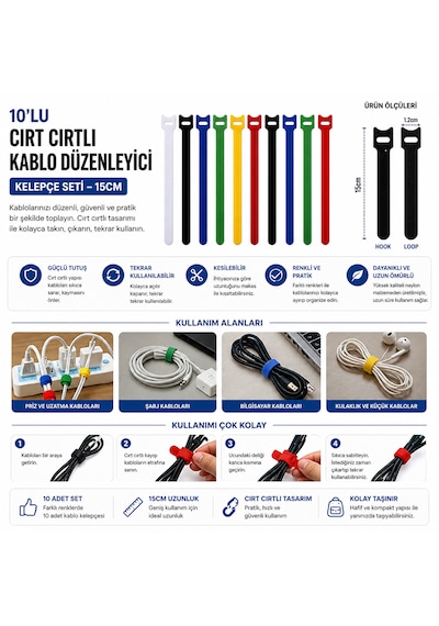 Cırt Cırtlı Kablo Düzenleyici 10 Lu Set 15 Cm Çok Amaçlı Kablo Toplayıcı