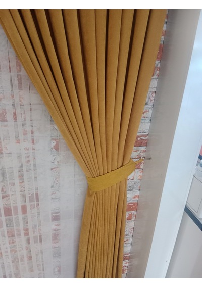 Koyu Hardal Renk Fon Kadife Perde Çift Kanat 1/3 Sık Pileli Dikim V-17 Koyu Hardal