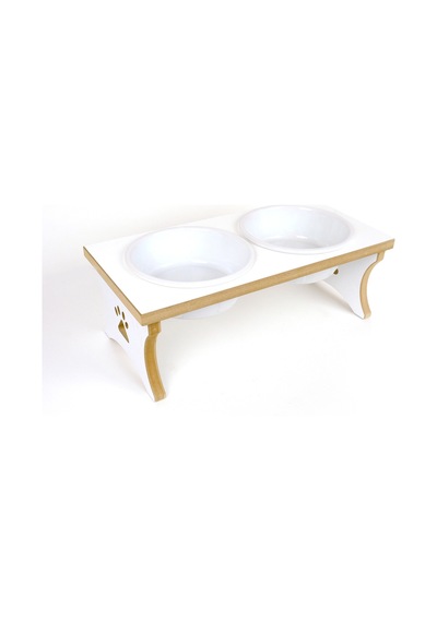 Köpek Su Ve Mama Kabı Standı - Büyük Irk - Beyaz Mdf - 2'li Model - Beyaz Seramik Kase - 2 1000ml