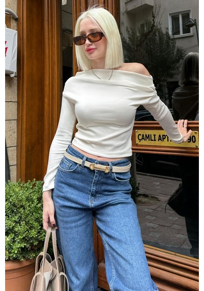 Seeh Beyaz Kadın Off Shoulder Uzun Kollu Bluz Sh327