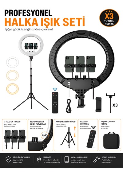 6000k 80w Led Halka Işık 56cm 360 Ayarlı 2 Usb Çıkışlı Kumandalı Fotoğraf Video Işığı Çantalı