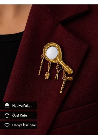 Kuaför Temalı Altın Renk Kadın Broşu Şık Tasarım Hediye Aksesuar Açık Gri