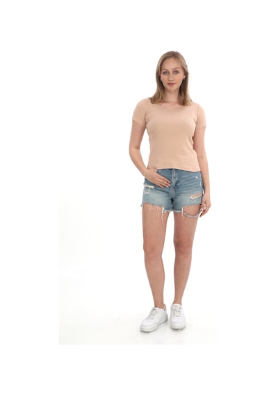 Monox Kadın Fitilli Likralı Pamuk Basic Tshirt Vizon
