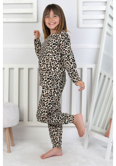 Minik Uyku Avcısı - Vahşi Rahatlık Serisi Leopar Desenli Kız Çocuk Pijama Takımı Sarı