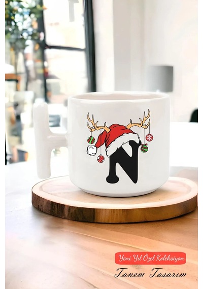 Yeni Yıl Yılbaşı Noel Tasarımlı T Kulp Seramik Kupa 122 Beyaz