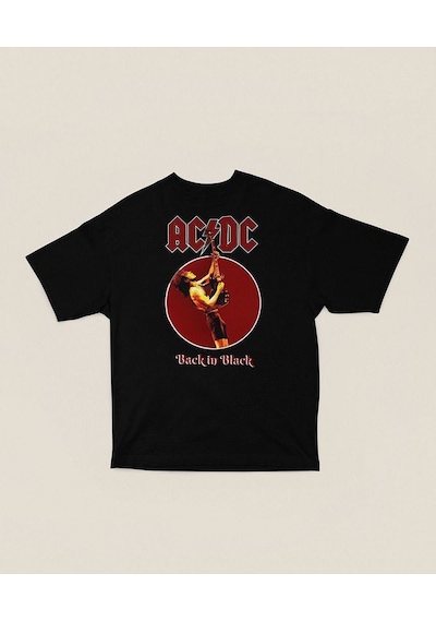 Ac Dc Back In Black Baskılı Unisex Oversize Rock Metal Tişört Siyah