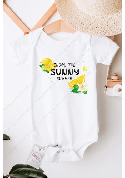 Hediyenza Enjoy The Sunnnny Summer Özel Tasarım Bebek Zıbın Pamuklu Çıtçıtlı Body Beyaz