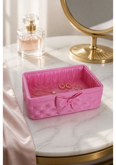 Fiyonk Detaylı Takı Ve Makyaj Organizer Kutusu Modern Masaüstü Düzenleyici Pembe
