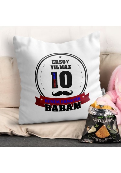 Kişiye Özel Benim Fanatik Babam Tasarımlı Beyaz Yastık (Bordo Mav