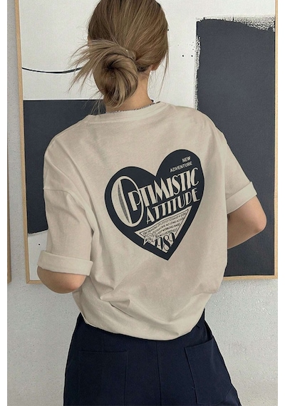 Unisex Optimistic Baskılı Tasarım Tshirt Bej