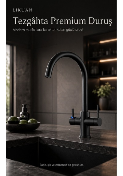 3 Yollu Mutfak Bataryası Sıcak Soğuk Ve Filtreli Su Bir Arada Led Göstergeli Tri-flow Kuğu Boynu Musluk Nkdp3212cp Siyah