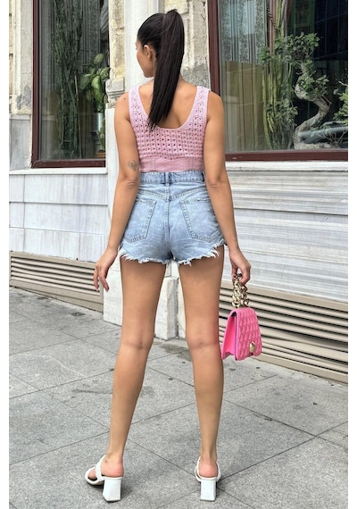 WeShaya Pembe Ajurlu Kalın Askılı Triko Bluz Pembe