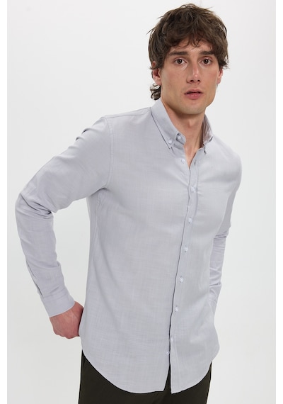 Tudors Erkek Slim Fit Dar Kesim %100 Pamuk Düğmeli Yaka Flam Keten Gri Gömlek-50272