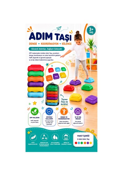 Çocuklar İçin Renkli Adım Taşları - Denge Oyunu - Epp Eğitici Oyuncak Seti - 6 Parça - Saklama Ve Taşıma Filesi Dahil