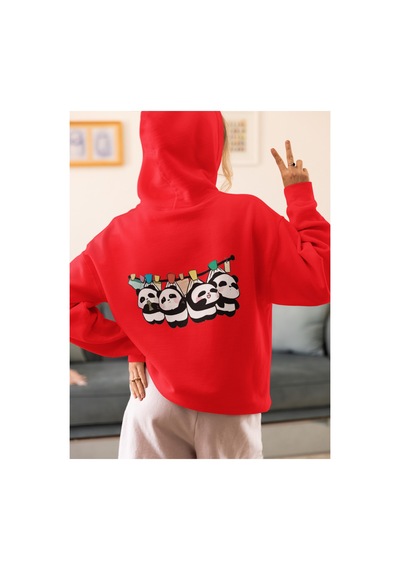 Stil X Sevimli Pandalar Baskılı Kadın Sweatshirt Kırmızı-1