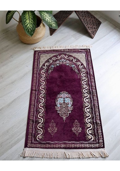 Kadife Astarlı Seccade Ve Kristal Tesbih Özel Kutulu Lüks Hediyelik Çeyizlik Set Mürdüm