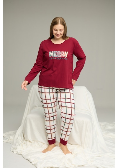 Siyah İnci Curve Büyük Beden Battal Boy Pamuklu Pijama Takım25240858 Bordo