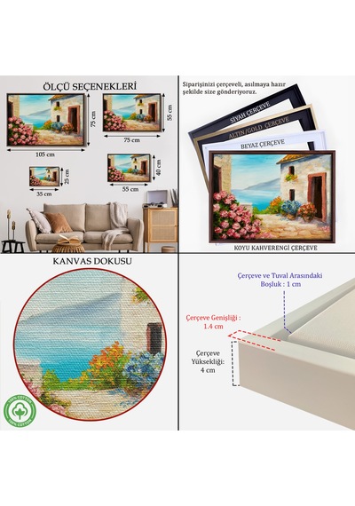 Çerçeveli Çiçekler Arasındaki Deniz Manzaralı Ev Duvar Tablosu-3640