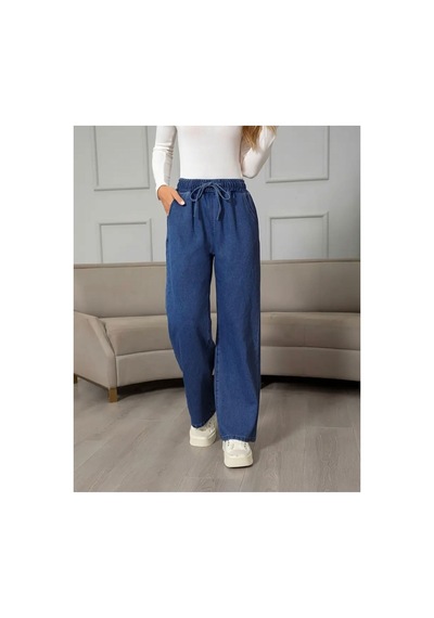 Kadın Mavi Beli Lastikli, Bagcıklı, Cepli, Bol Paça, Palazzo Kot Pantolon - Tesettüre Uygun