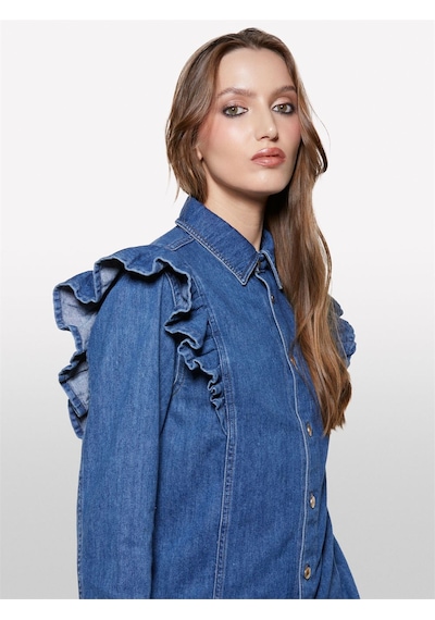Sisley %100 Pamuk Fırfır Detaylı Denim Gömlek Kadın Haki Yeşili Gömlek - 325a53gelq09n Sisley %100 Pamuk Fırfır Detaylı Denim Gömlek Kadın Haki Yeşili Gömlek - 325a53gelq09n