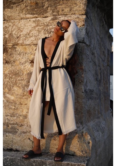 Befera Müslin Kimono Pamuklu Nazar Boncuk Baskılı Desenli Bornoz Kaftan Sabahlık Ekru