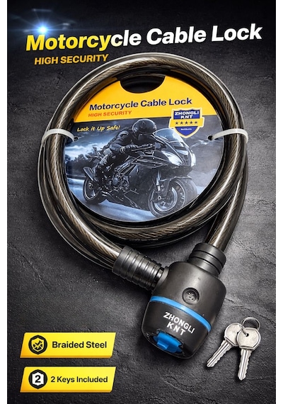 Zhongli Knt Motosiklet Bisiklet E-scooter Uyumlu Kablo Kilidi 2 Anahtarlı 15x100cm