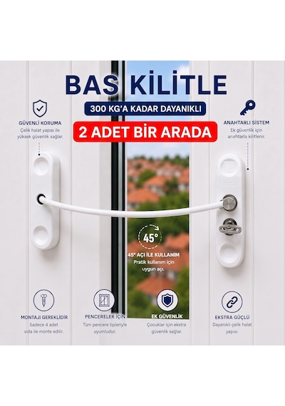 Çelik Halatlı Anahtarlı Pencere Emniyet Kilidi Çocuk Güvenlik Kilidi Beyaz 2 Adet