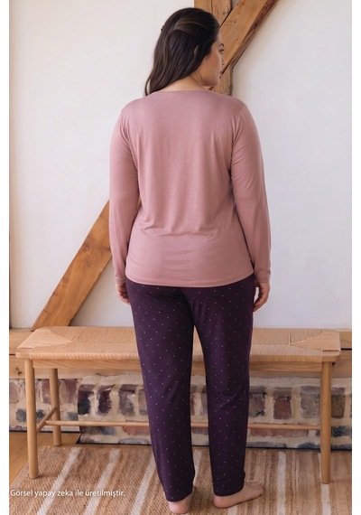 Siyah İnci Pudra Desenli Büyük Beden Battal Boy Düğmeli Viskon Örme Pijama Takım 26224867
