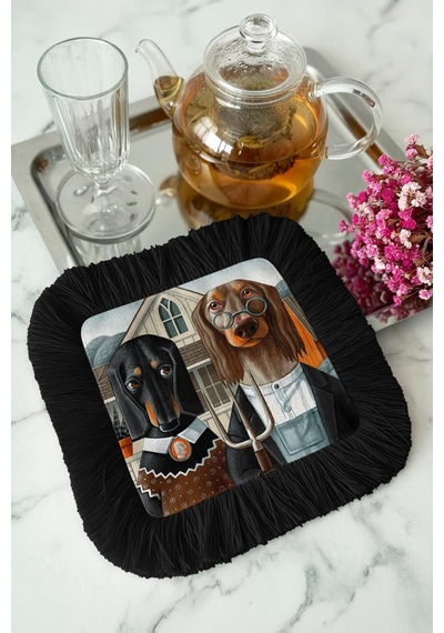 Amerikan Gotik Köpekler Saçaklı Sunum Peçetesi - Mizahi Vintage Rustik Siyah Bardak Altlığı Mendil Tozlu Okyanus Pas Amerikan Gotik Köpekler Saçaklı Sunum Peçetesi - Mizahi Vintage Rustik Siyah Bardak Altlığı Mendil Tozlu Okyanus Pas