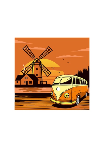 Paybuy Kadın Vintage Minibüs Sunset Manzara Baskılı Günlük Rahat Pamuk T Beyaz