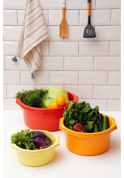 Esti 3 Boy Kalın Dayanıklı Plastik Badya Seti Çok Amaçlı Salata / Yıkama / Saklama / Hazırlık Kabı Sarı-turuncu-kırmızı