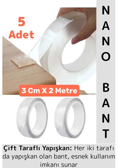 Ultra Güçlü Esnek Kesilebilir Kolay Kullanım Estetik Çift Taraflı Nano Şeffaf Bant 3 Cmx2 Metre 5 Ad
