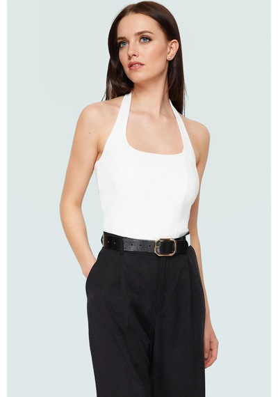 Ersefa Yazlık Crop Bluz Halter Yaka Scuba Krep Kumaş Fitted Kalıp Trend Beyaz
