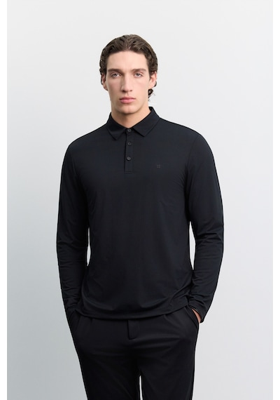 Avva Erkek Siyah Polo Yaka Düğmeli Teknik Kumaş Uzun Kol Basic Regular Fit T-shirt A62y1014