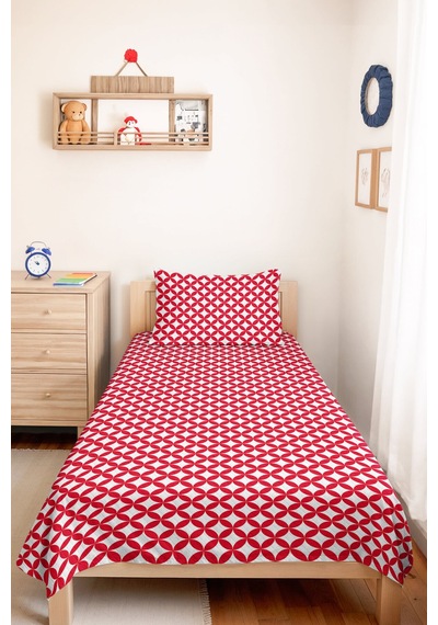 Kırmızı Geometrik Modern Pike Takımı-beyaz Retro Çember Motifli Tek Kişilik Yatak Örtüsü 160x220 Cm Bohem Bozkır Kırığı