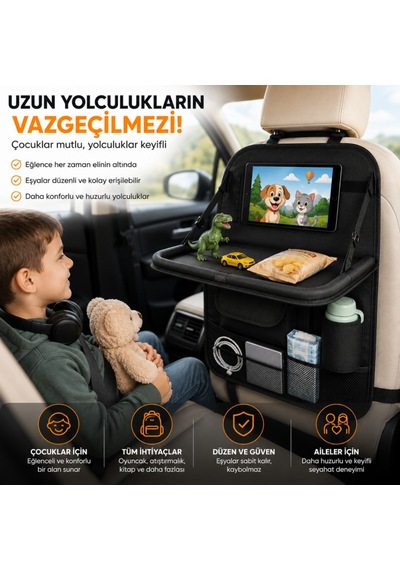 Polham Oto Koltuk Arkası Tablet Bölmeli Organizer, Katlanabilir Seyahat Masası, Çok Bölmeli Araç İçi Düzenleyici