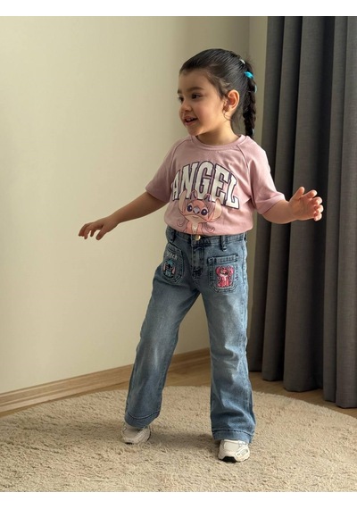 Boyboy Kidswear Kız Çocuk Stitch Baskılı Tişört Ve Denim Pantolon Takım Mavi Çok Renkli