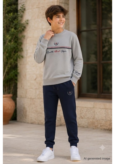 Pina Kids Erkek Çocuk İki İplik Şeritli Baskılı Beli Lastikli Eşofman Takımı Esf7030 Bej - Siyah